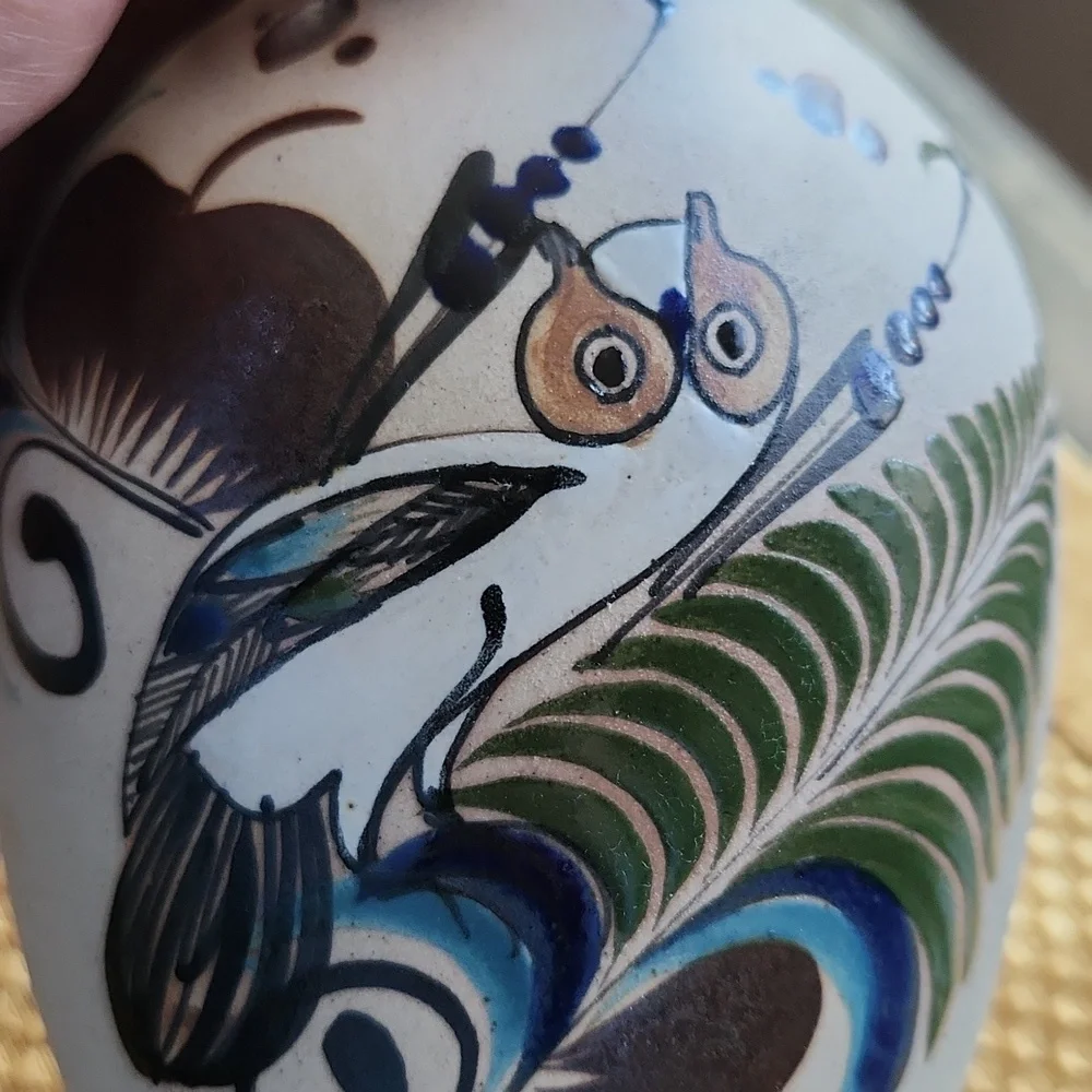 Mexican Pottery Vase With Owl Design Collectible Vintage Tonala Folk Art